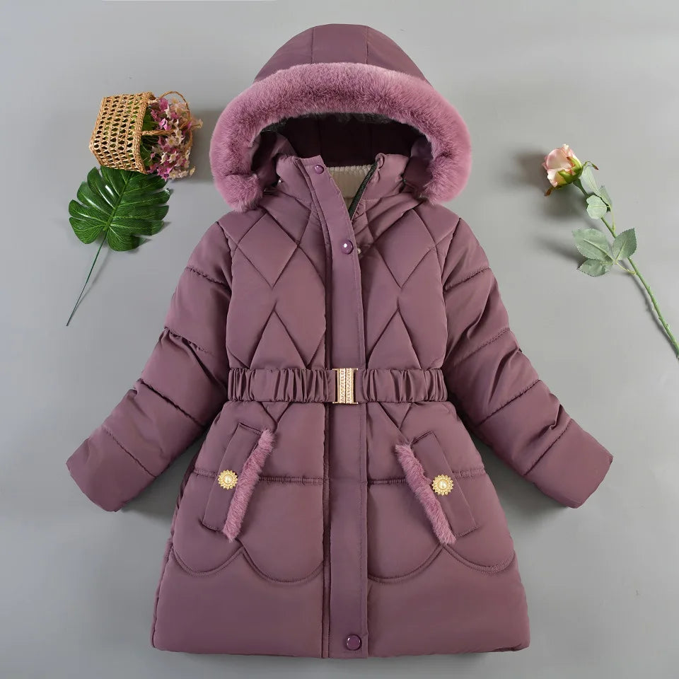 New Winter Keep Warm Girls Jacket Thick Solid Color Fur Collar Hooded Parkas Coat For 4-10 Years Kids Children Outdoor Outerwear