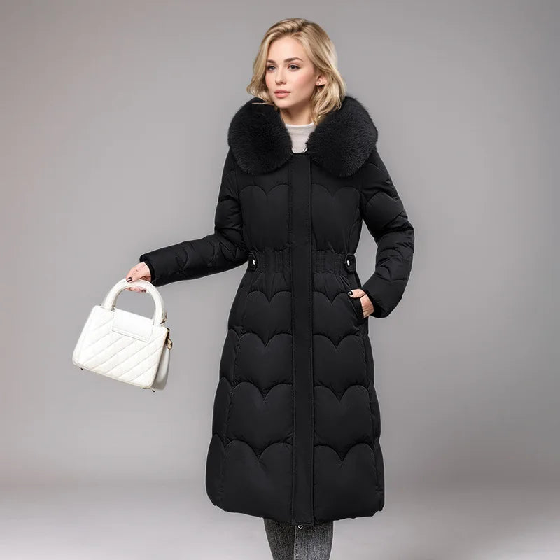 KIDCRKJ Abrigo de invierno pesado para mujer, con cintura ajustada, cuello de piel de lujo, acolchado para mujer, chaqueta larga por encima de la rodilla para mujer