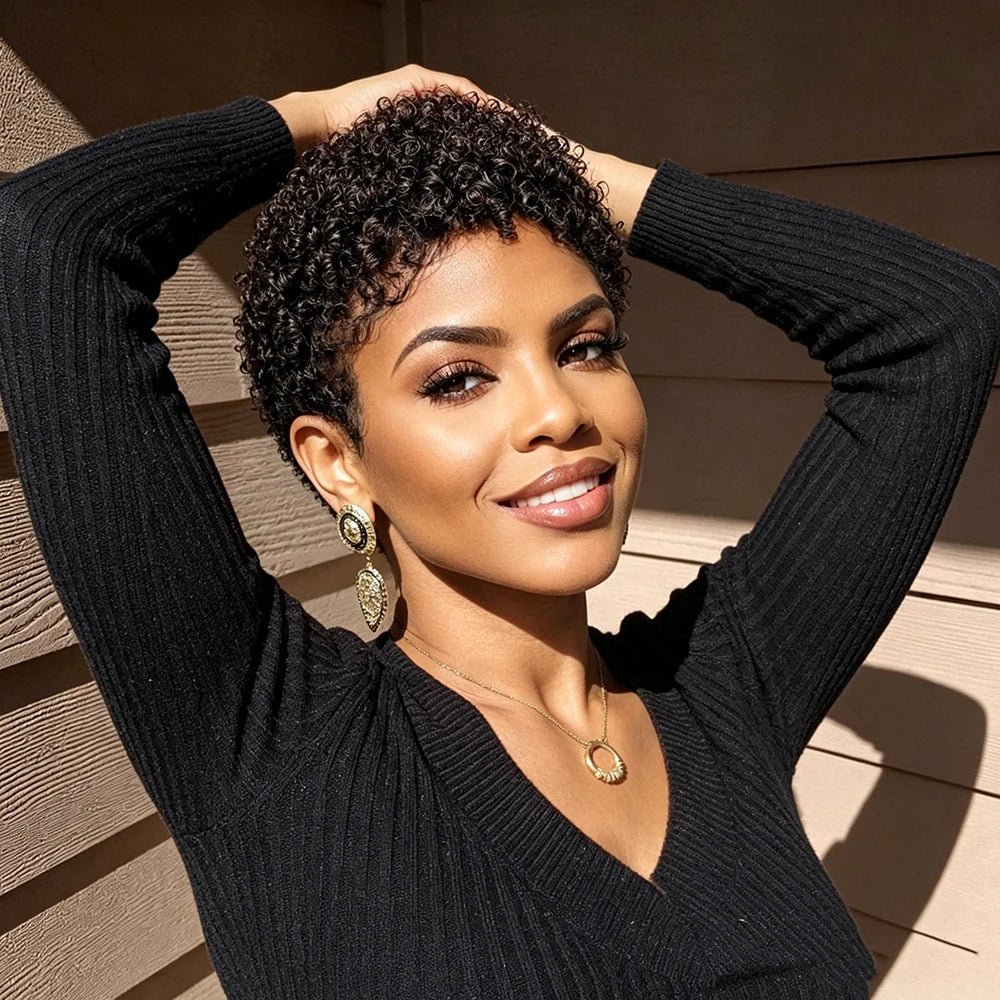 Afro Short Kinky Curly Wig Pixie Cut Wigs Human Hair for Black Women Bazilian Hair Machine Made Cap Natural Black/Burgundy/Brown