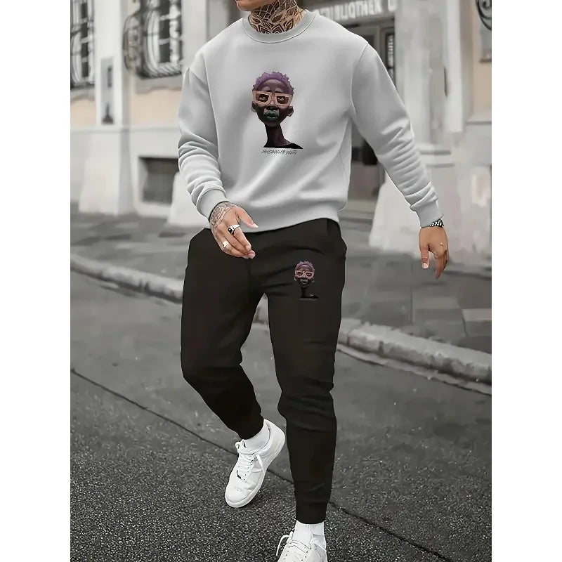 Fashionable Youth Street Culture Printed Men's Round Neck Hoodie And Pants Set, Autumn And Winter Casual Sportswear,