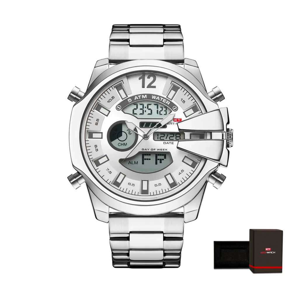 KAT-WACH Men Big Dial Wrist Watches Gold Top Brand Luxury Male Clock 2024 Gold Black Quartz Dual Display Chronograph Dropship