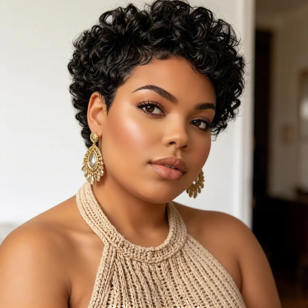 Short Pixie Human Hair Wigs for Fashion Women Full Machine Made Pixie Cut Wig Curly Human Hair Wigs with Bangs Natural Wavy Blac