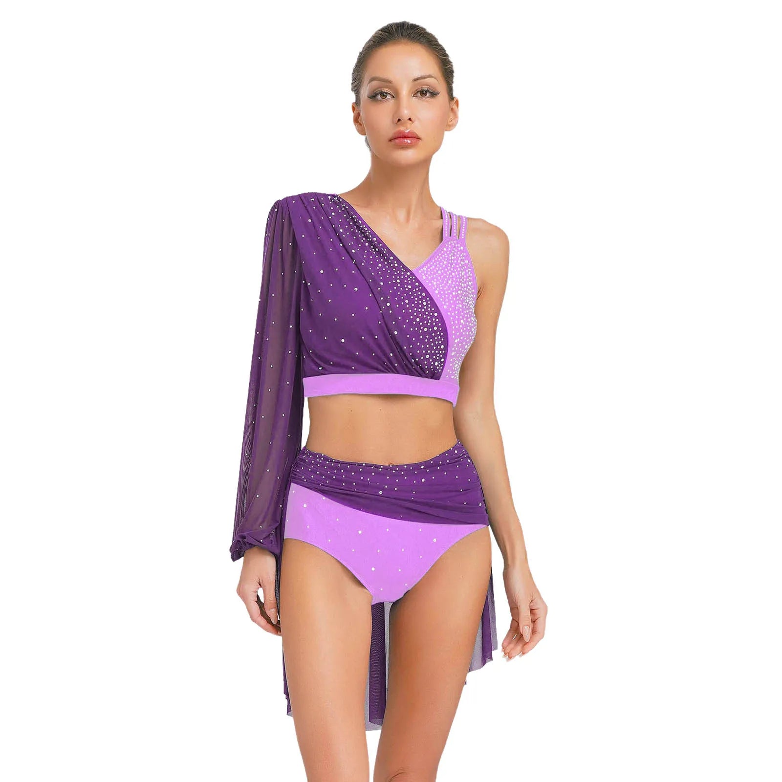 Modern Ballet Dance Set for Women Mesh Top with Skirted Briefs 2 Piece Lyrical Outfits Ballerina Girls Stage Performance Costume