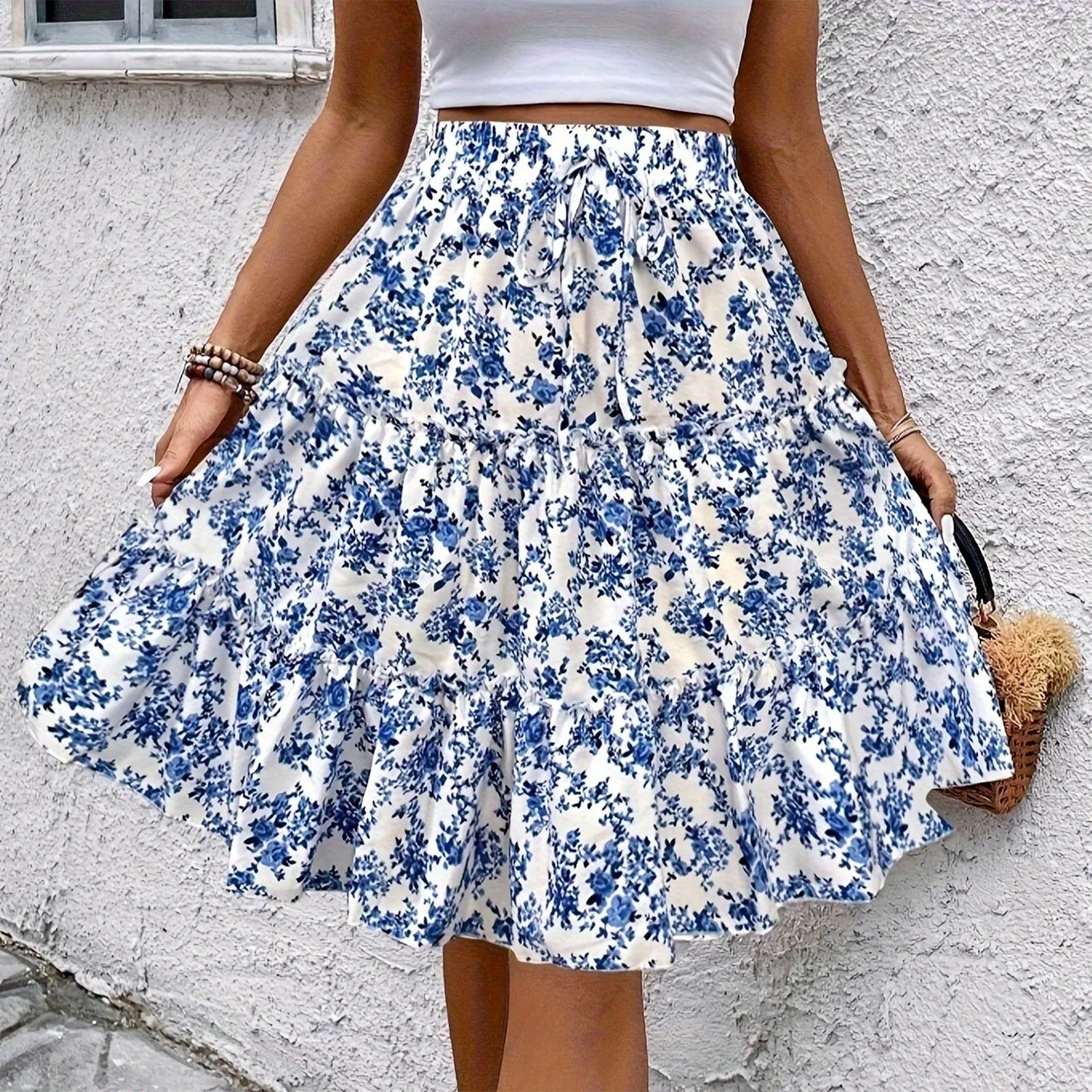 Women's Spliced Cake Skirt Fashionable Floral Print Elastic Waist Strap Versatile Casual Skirts Comfortable knee-length skirt