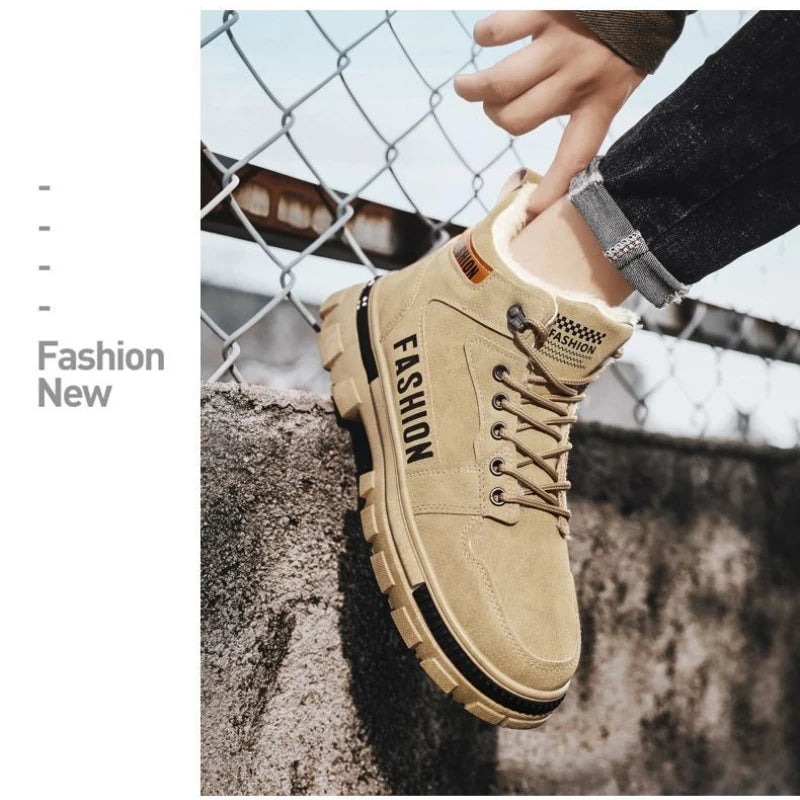 Men Snow Boots Winter Anti Slip Plush Indoor Warm Cold Proof Snow Boots High Top Platform Lace Up Outdoor Sport Work Boots