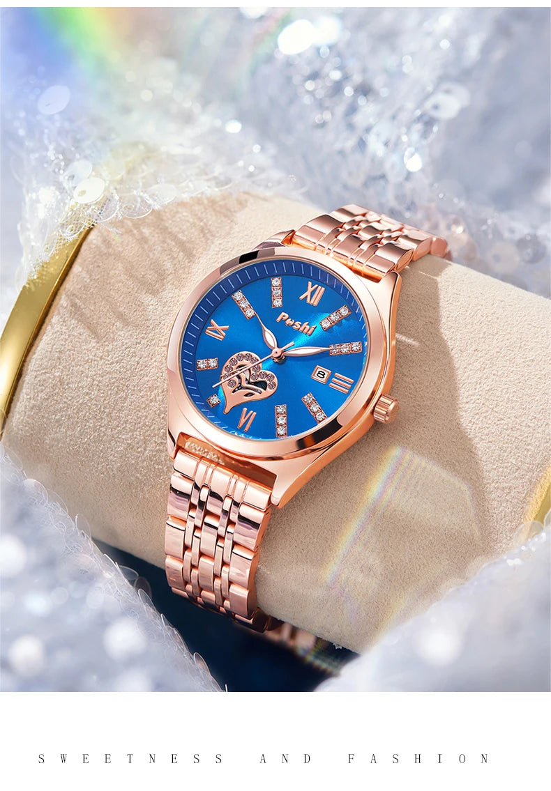 POSHI Women Watches Fashion Stainless Steel Date Ladies Wristwatch Waterproof Quarzt Watch Girlfriend Gift Relogio Feminino
