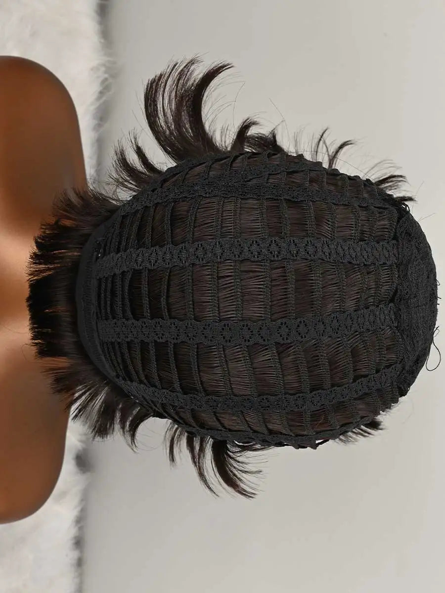 Dark Brown Short Bob Wig For Pixie Cut Wigs Glueless Wig None Lace Front Wig With Bangs Natural dark brown Straight Full Machine Made Short Layered For Daily Use