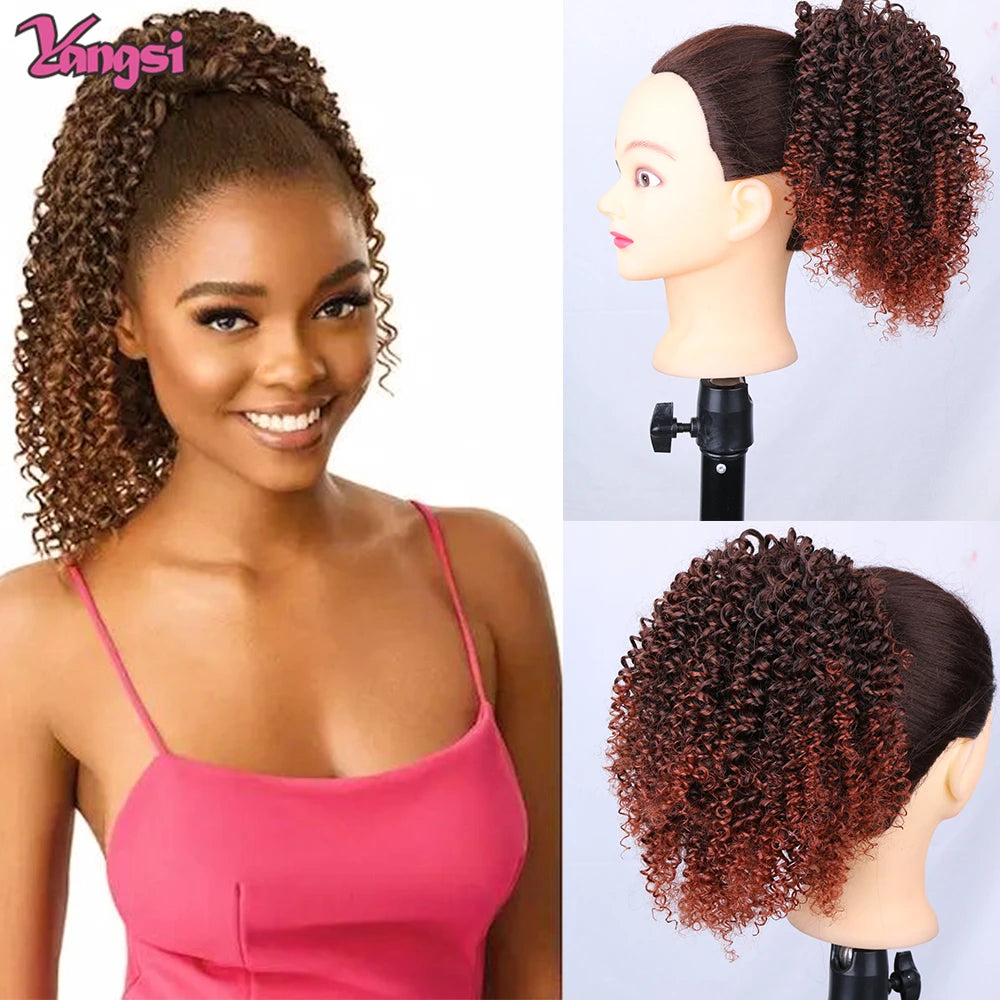 Afro Curly Ponytail for Black Women Drawstring Ponytail Kinky Synthetic hair Extension Ombre Bug Color Clip in For Party