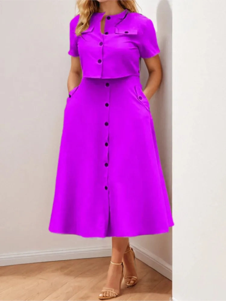 Spring Summer New Women's Clothing Elegant Solid Color Casual Short Top Single Breasted Skirt Fashion Set