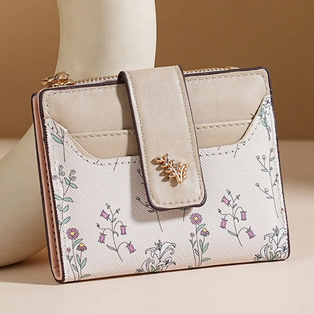 Cartera corta de piel sintética fina INS, monedero con cremallera para varias tarjetas, cierre de flores pequeñas, bolsa para tarjetas, cartera con cremallera para mujer/niña