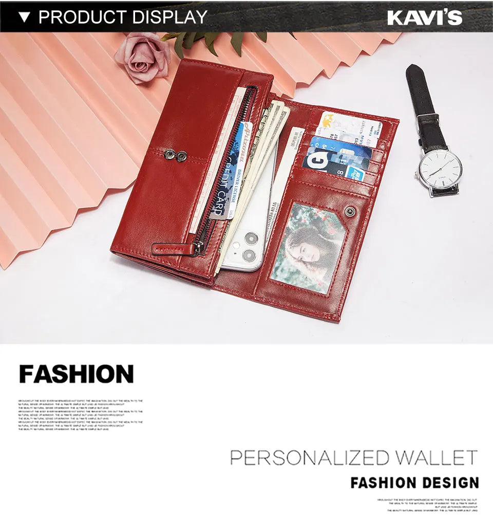KAVIS Luxury Brand Genuine Leather Wallet for Women Long Clutch with Cell Phone Bag RFID Fashion Red Credit Card Holder Purse