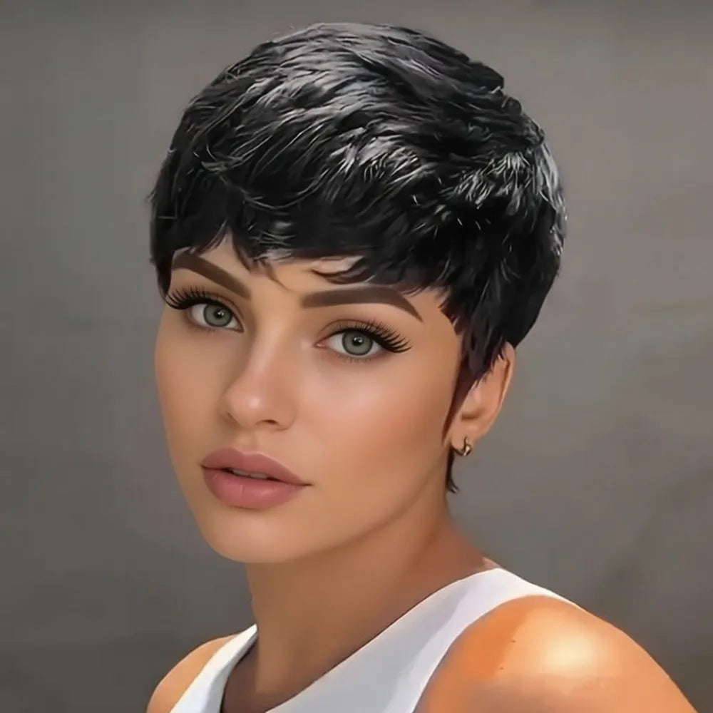 pixie wig short machine made 6Inch black orange 99j Women'S Chic Retro short straight Pixie Cut human human hair Wig