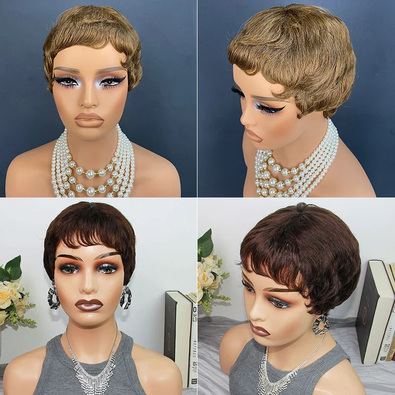 Pixie Cut Human Hair Wigs Short Wigs for Women Layered Pixie Wig With Bangs Glueless Full Machine Made Dark Brown #2 On Sale