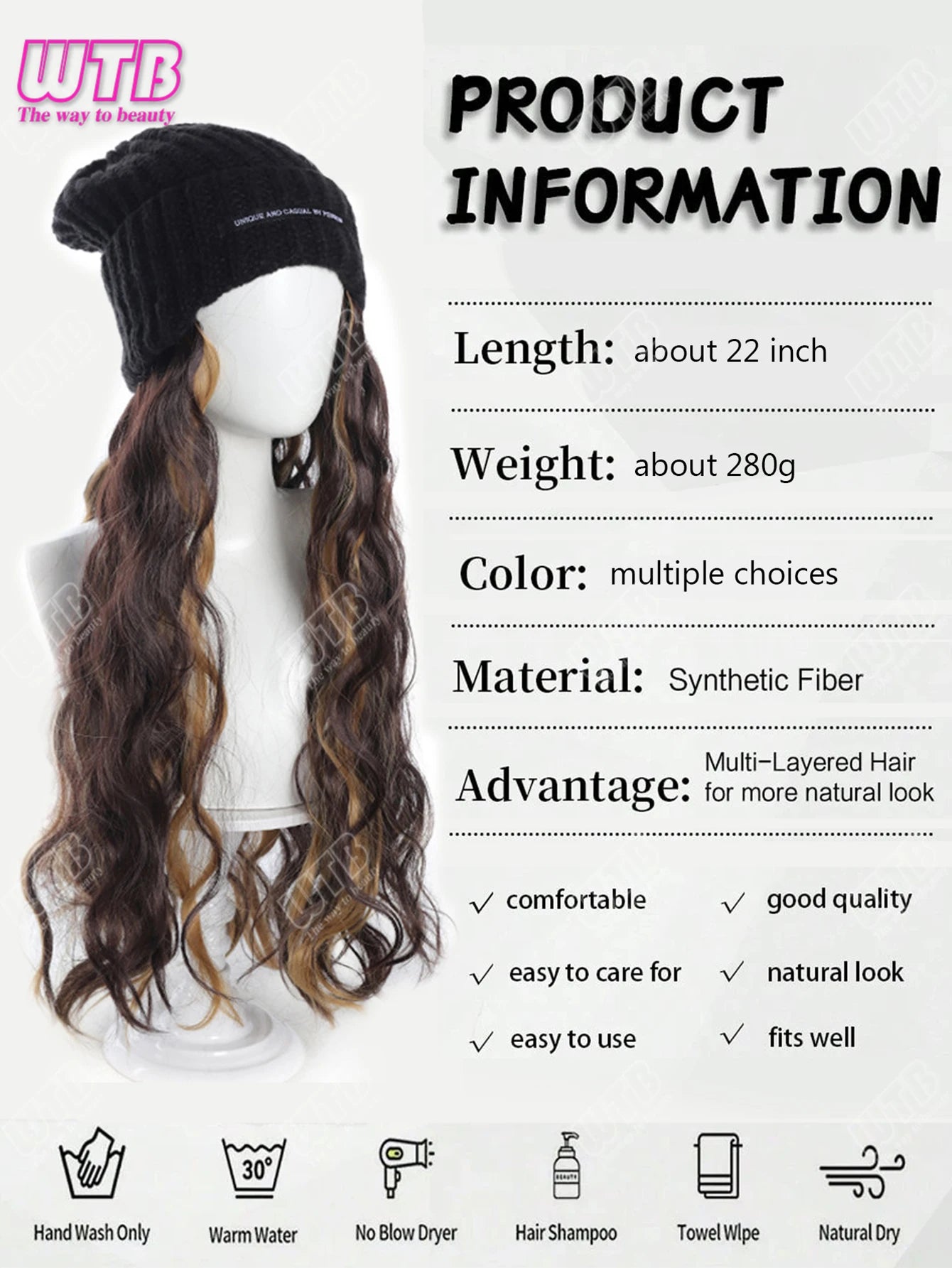 Synthetic Wig Black Hat With Long Curly Hair Extensions; Knitted Hat; Warm Ski Hat For Autumn And Winter