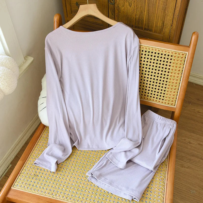 Women's Pajamas Set Two Piece Sleepwear Combed Cotton Pyjamas New Spring Autumn Long Sleeve Night Suits For Woman Nightwear