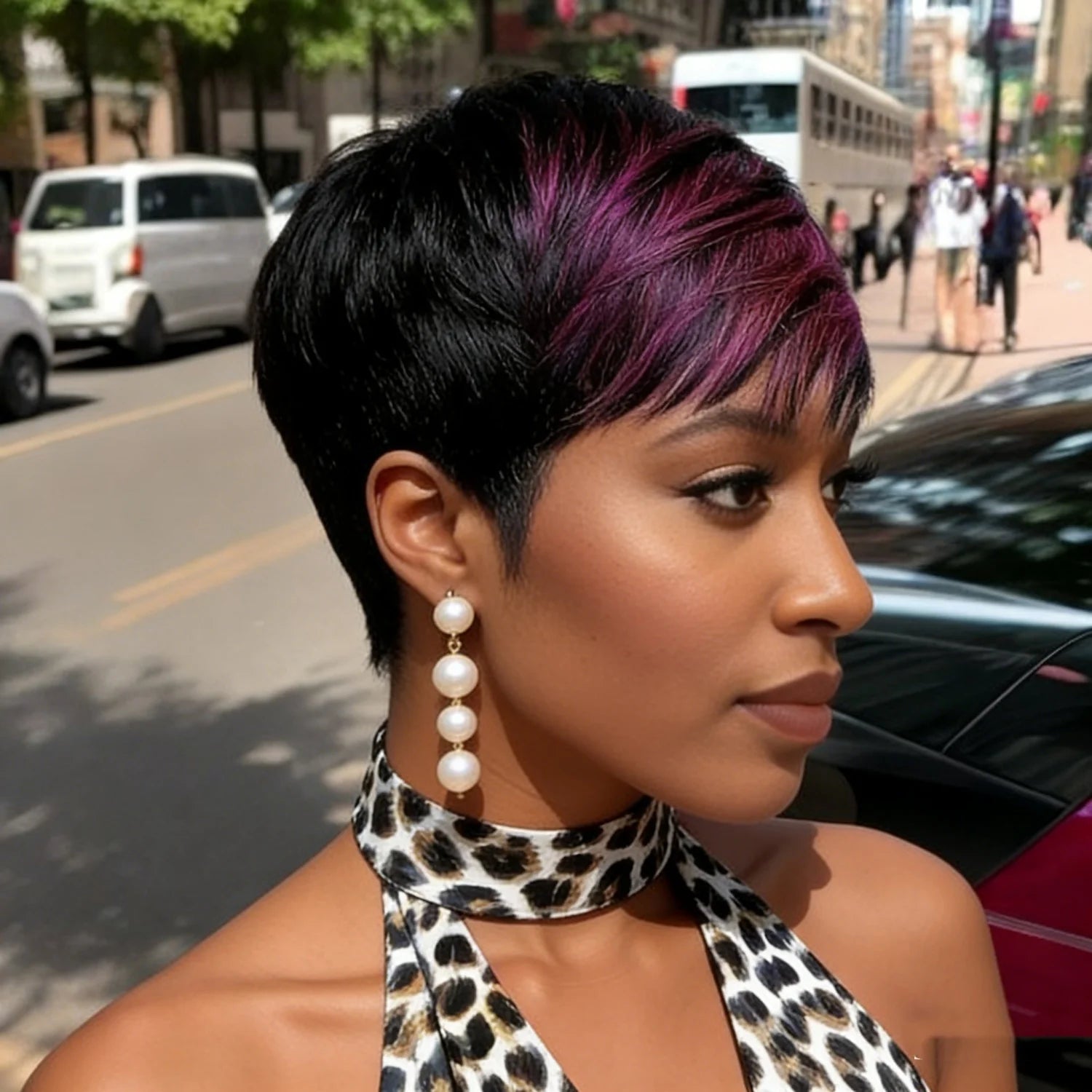 Short Straight Human Hair Full Machine Made Wigs for Women Black Mixed Purple Pixie Wigs