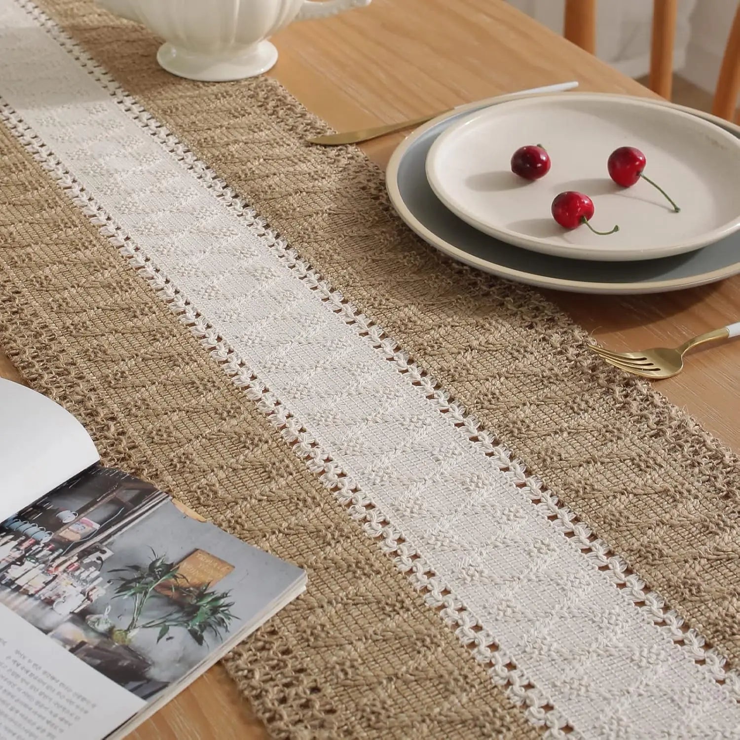 Bohemsk bordløper for hjemmedekor, bordløper i gårdsstil med striper, 72 tommer lang bordløper til bryllupsfest og høytid