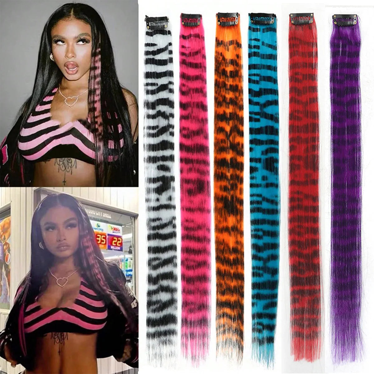 Synthetic One Card Hair Extension Wig Hair Long Straight Clip-in Colored Zebra Line Feather Hair Extensions Fake Hair  For Women