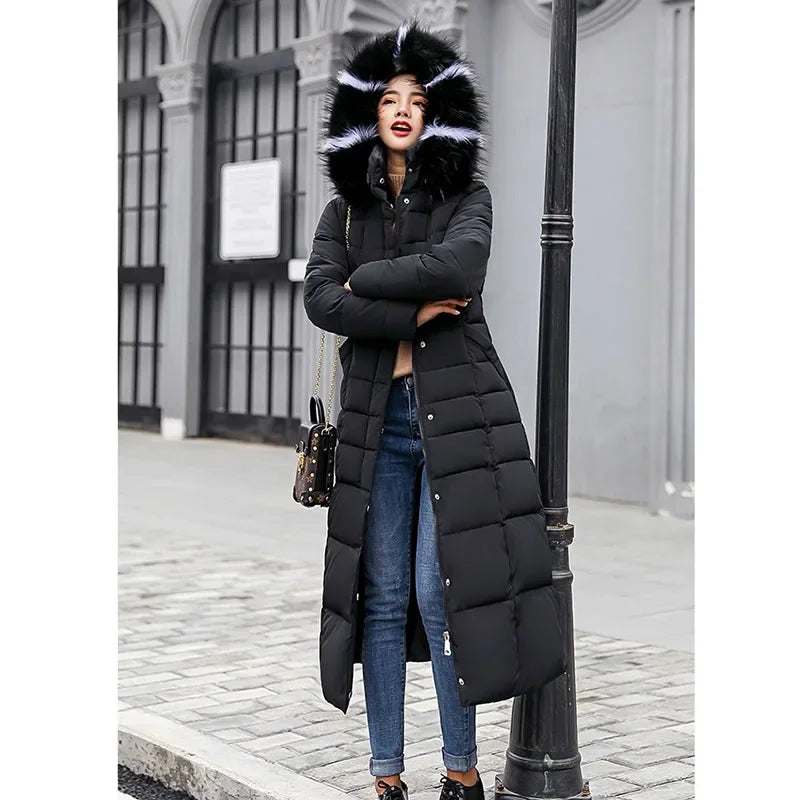 Chaqueta larga de algodón para mujer, parkas, abrigo, nueva, invierno, hasta la rodilla, suelta, con cuello grande de piel, con capucha, cálida, gruesa, parkas para mujer, abrigo acolchado