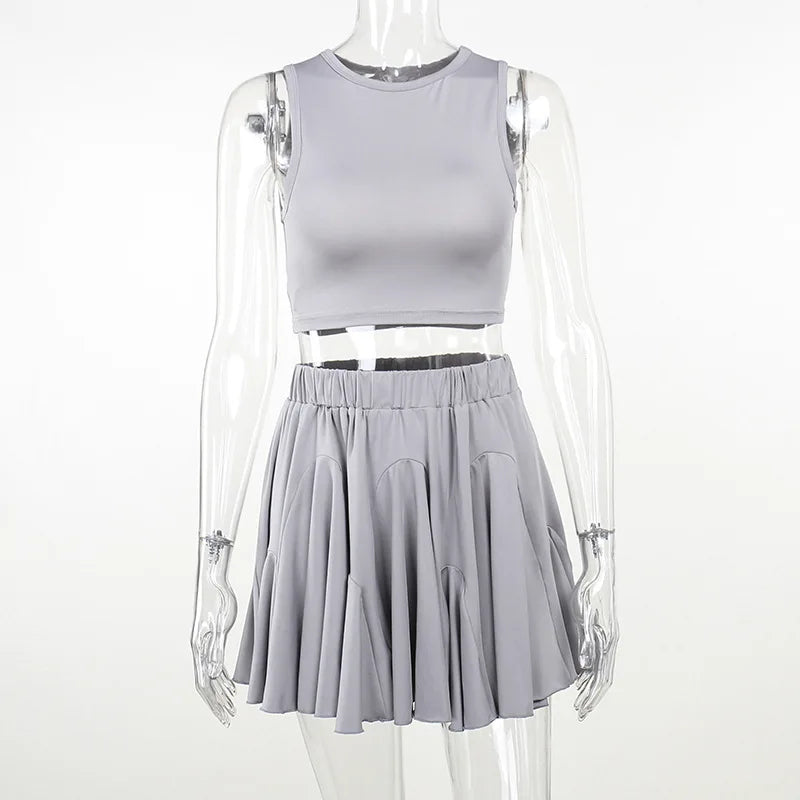 Pink Pleat Skirt Set Women Sexy Backless Tank Top and Mini Skirt Outfits Summer Elegant Solid Basic Casual Two Piece Set 2024