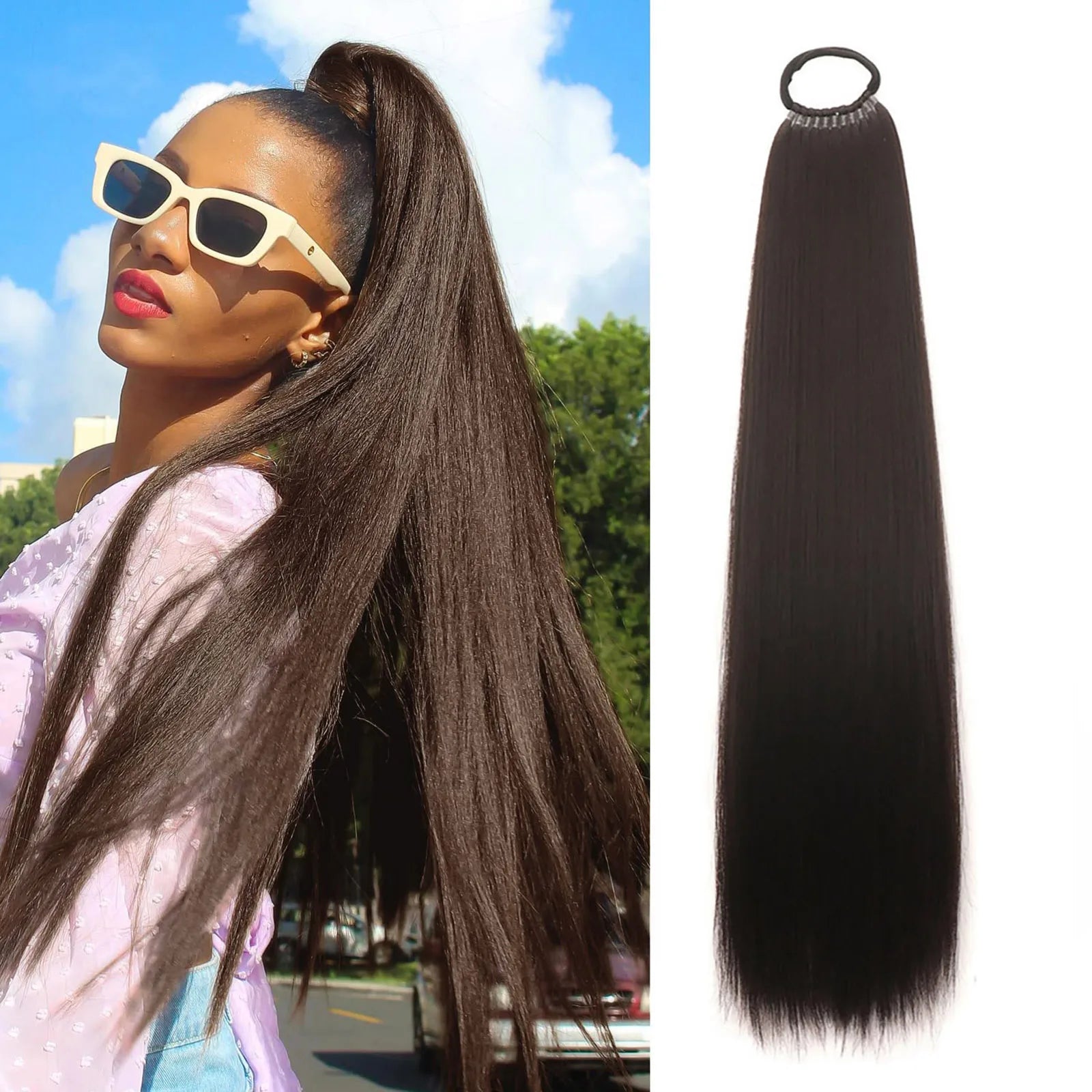 Synthetic Hair Ponytail With Rubber Band Ring Long Yaki Straight Puff Kinky Afro Ponytails Black Color For Women