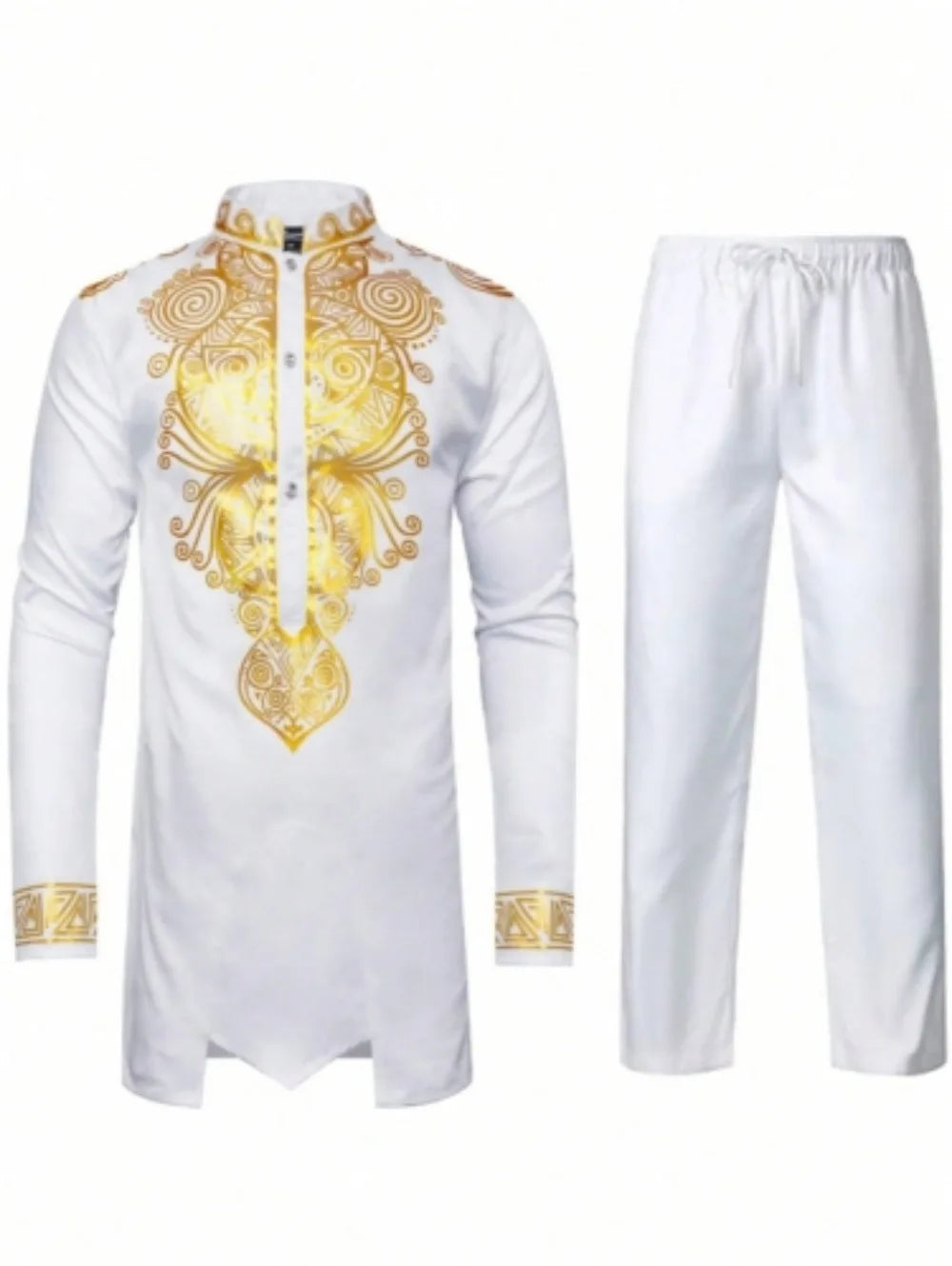 Conjunto de dos piezas para hombre africano Traje tradicional de manga larga con estampado dorado Camisa Pantalones Fiesta África Verano Caballero Atuendo étnico
