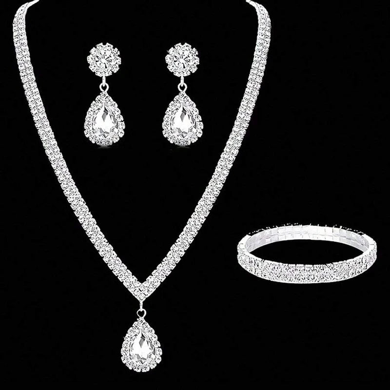 Juego de joyas lujosas de 4 piezas, exquisito colgante de diamantes de imitación, elegante collar, pendientes y pulsera chapados en plata con cristales para mujer