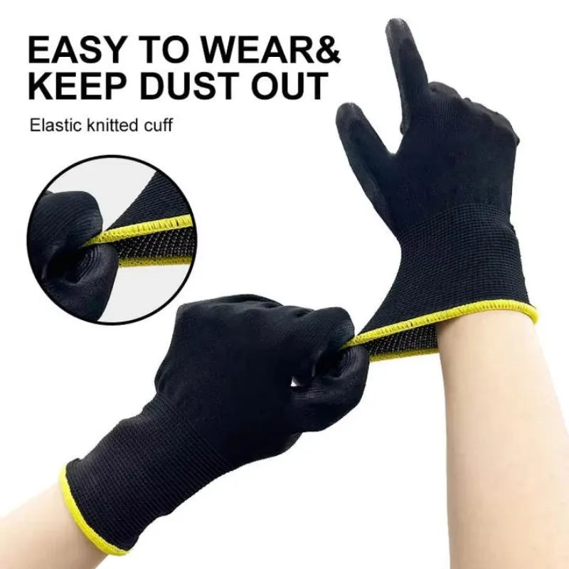 Black PU Coated Work Gloves Breathable Non Slip for Factory Machinery Gardening Woodworking Outdoor Work Car Repair Supplies