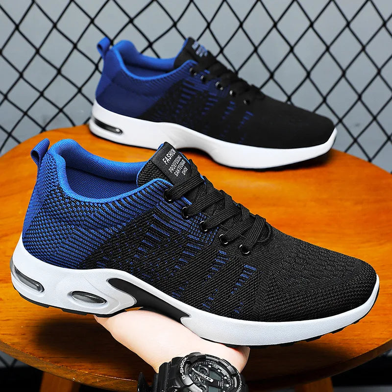 Summer new men's shoes flying woven casual soft sole sports shoes air cushion running shoes men black mesh breathable work