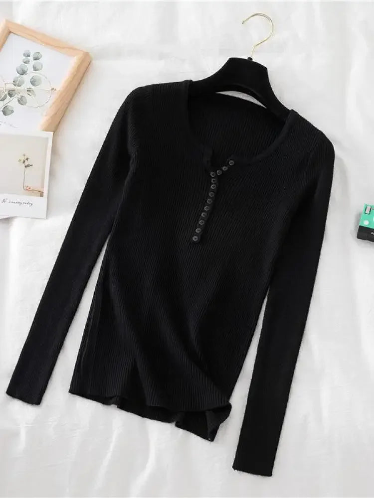 Korea Autumn Winter Button V Neck Sweater Women Basic Slim Pullover Women Sweaters And Pullovers Knit Jumper Soft Warm Tops