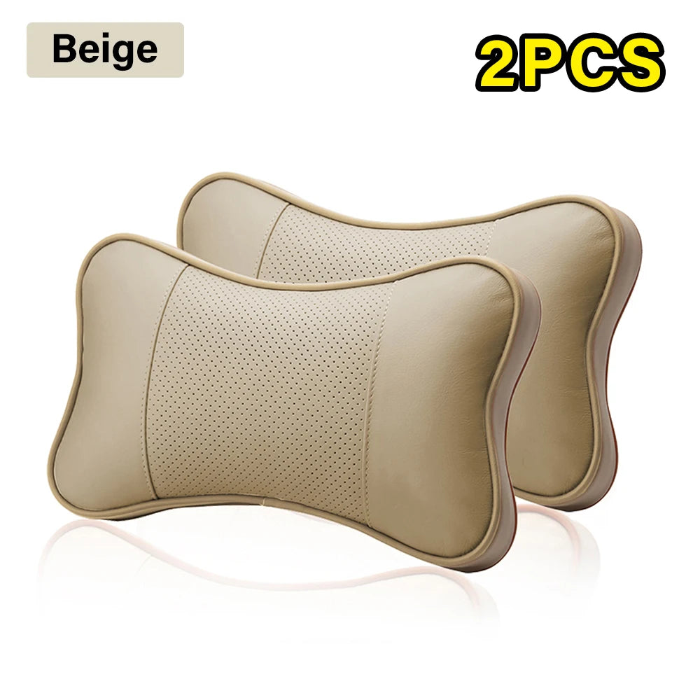 2PCS Top Quality Cowhide Car Neck Pillows Headrest Neck Pillow Support Auto Universal Seat Soft Breathable Interior Decoration