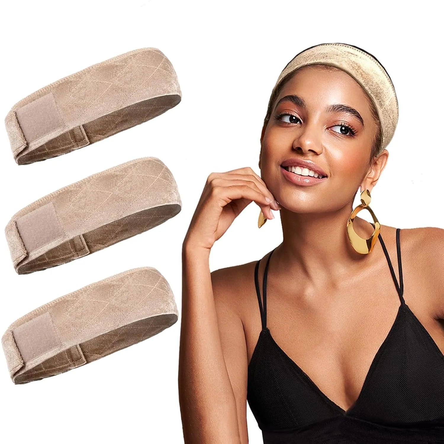 Wig Grip Band for Women, Beige Velvet Wig Headband with Adjustable Magic Tape, Non-Slip Wig Hold Band for Securing Wigs & Hat