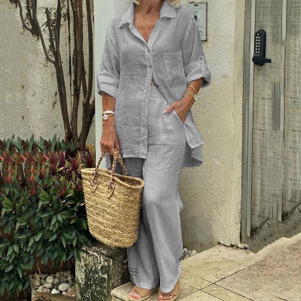 Women Pants Blouse Set Long Sleeve Solid Color Single-breasted Turn-down Collar Shirt Wide Leg Pants Suit Shirt Trousers Set