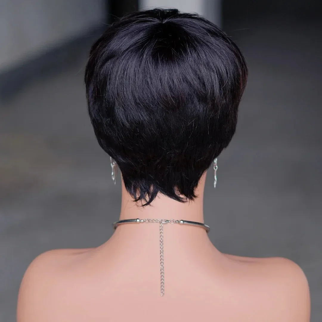 Natural Black Short Pixie Cut Synthetic Wig Full Machine Made Daily Wig for Women