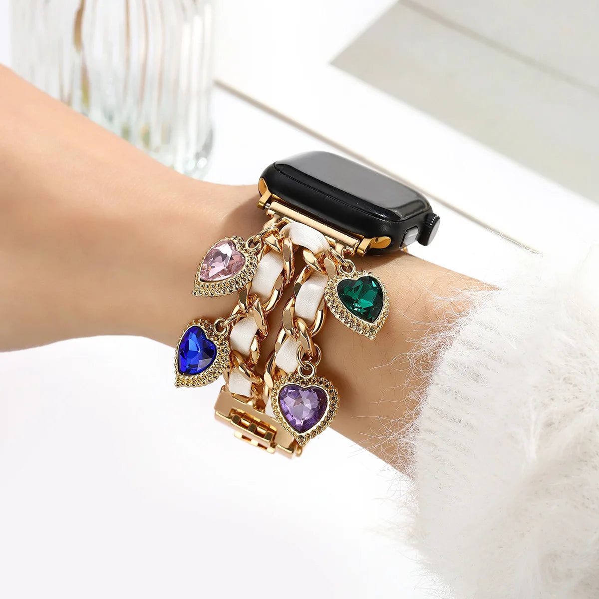 1 tassel flower design Apple Watch strap, detachable joint adjustable size practical metal strap with gemstone decoration