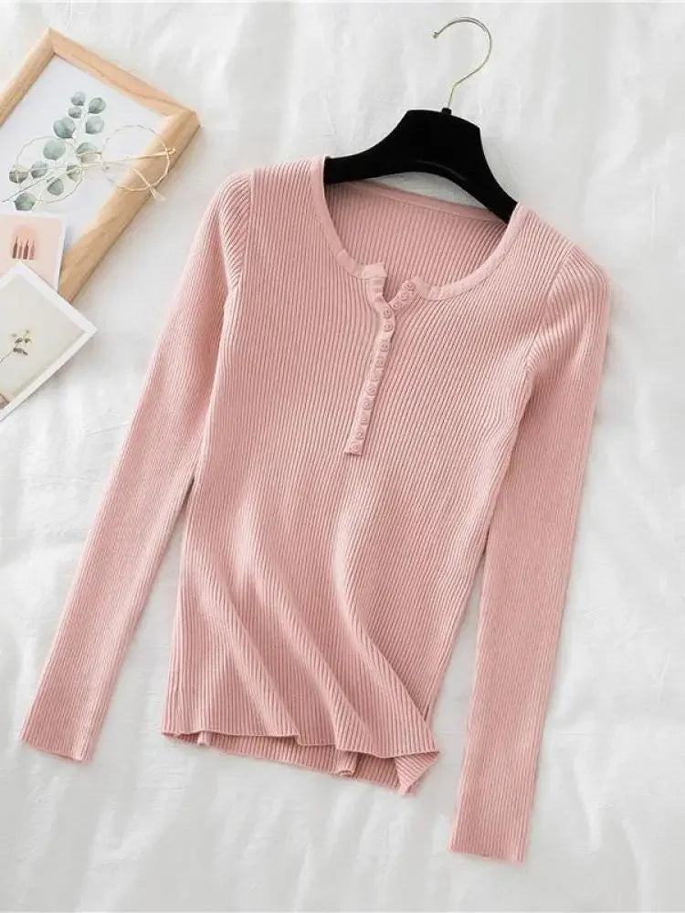 Korea Autumn Winter Button V Neck Sweater Women Basic Slim Pullover Women Sweaters And Pullovers Knit Jumper Soft Warm Tops