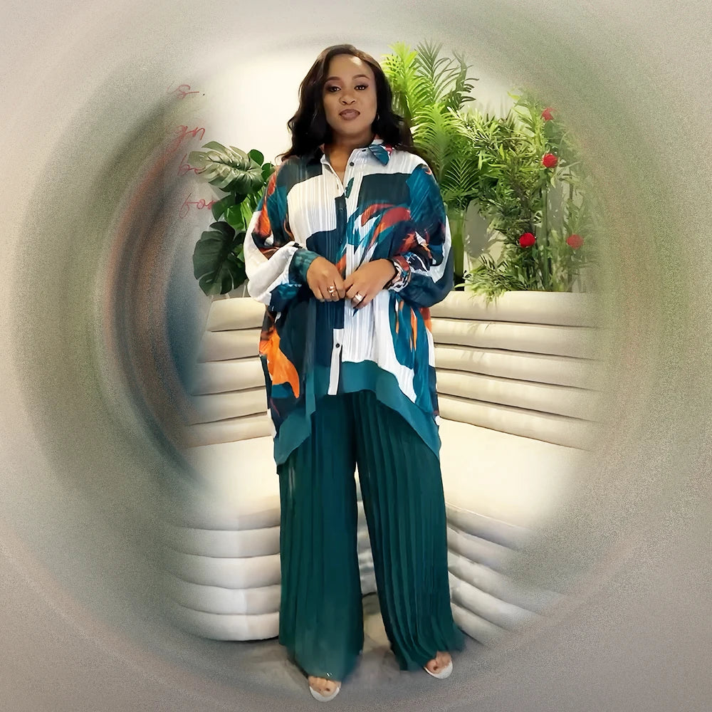 Women 2 Pieces Pants Sets Printed Shirts & Long Trousers Loose Fashion Elegant Ladies Outfits Matching Pants Sets Pleated pants