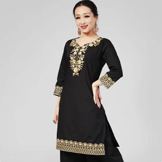 Camisa india de algodón puro con bordado oculto lateral y manga larga para mujer - Pakistán