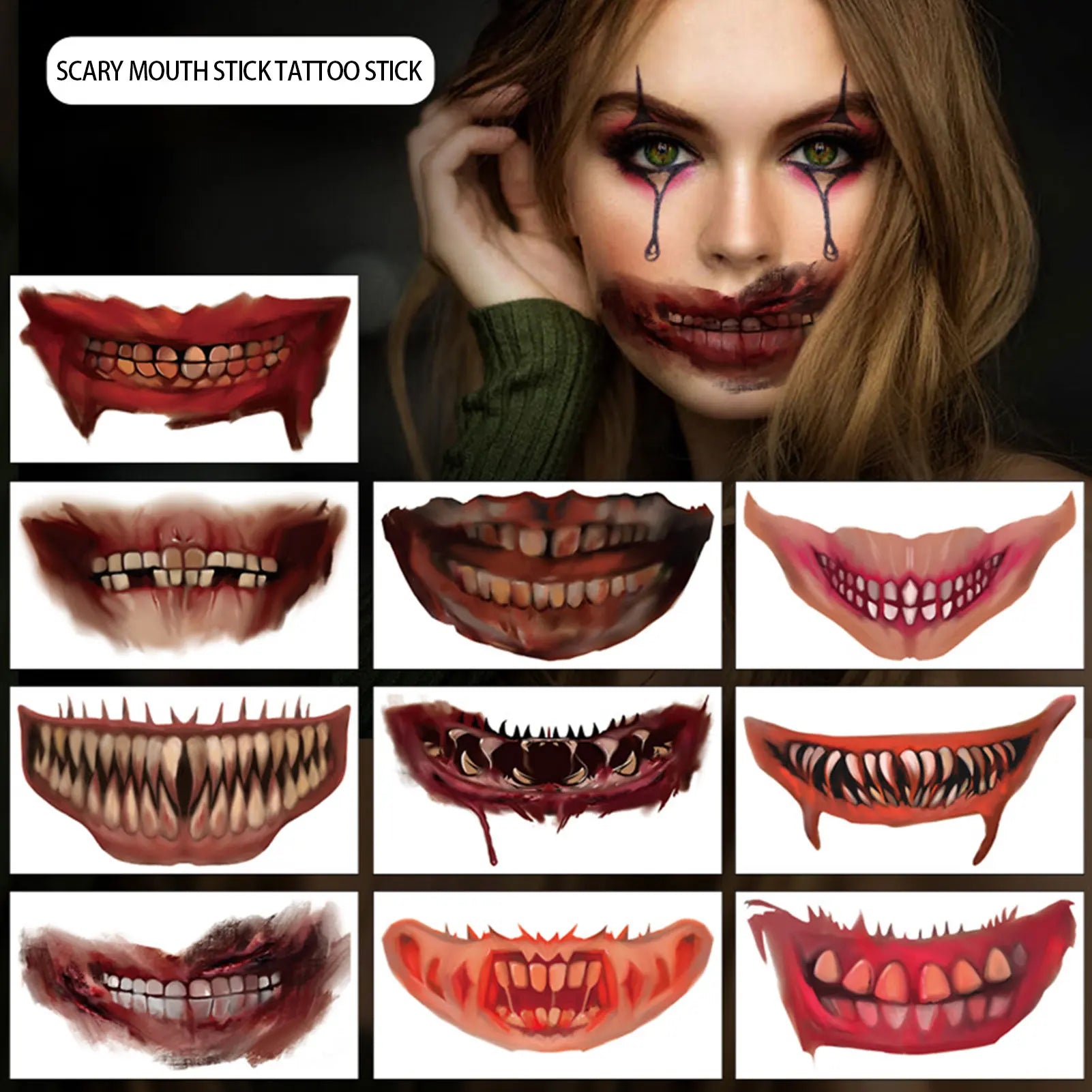 Halloween Mouth Tattoo Stickers 10PCS Scary Lip Fake Tattoos for Party Decoration DIY Horror Cosplay Makeup