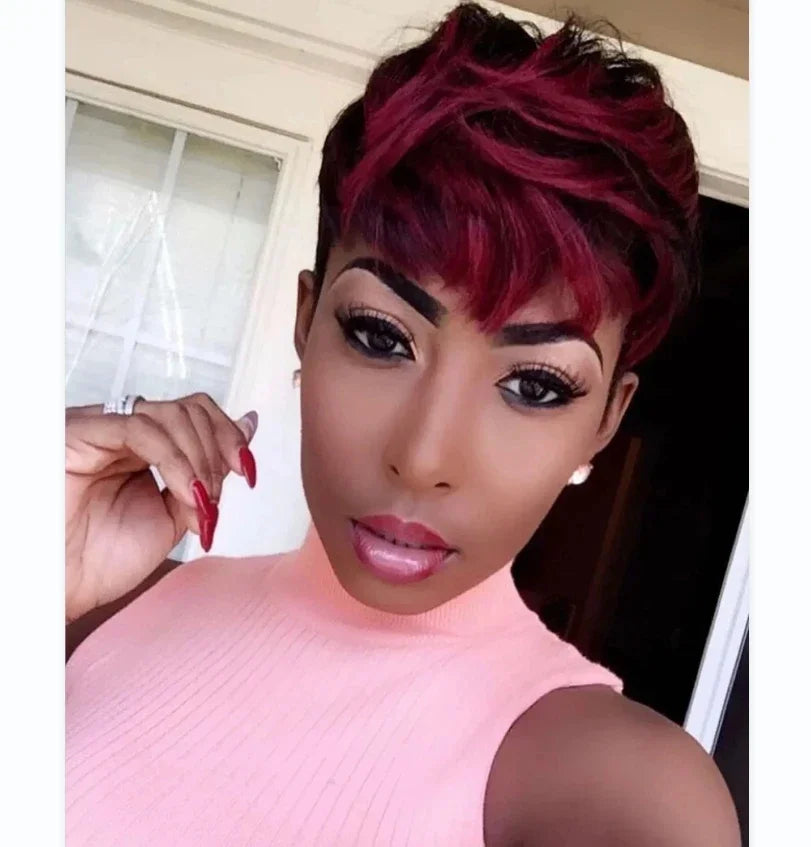 99J Colored Short Straight Bob Pixie Human Hair Wig With Bangs machine made  For Women Brazilian Remy Hair Burgundy Red Bob Wigs