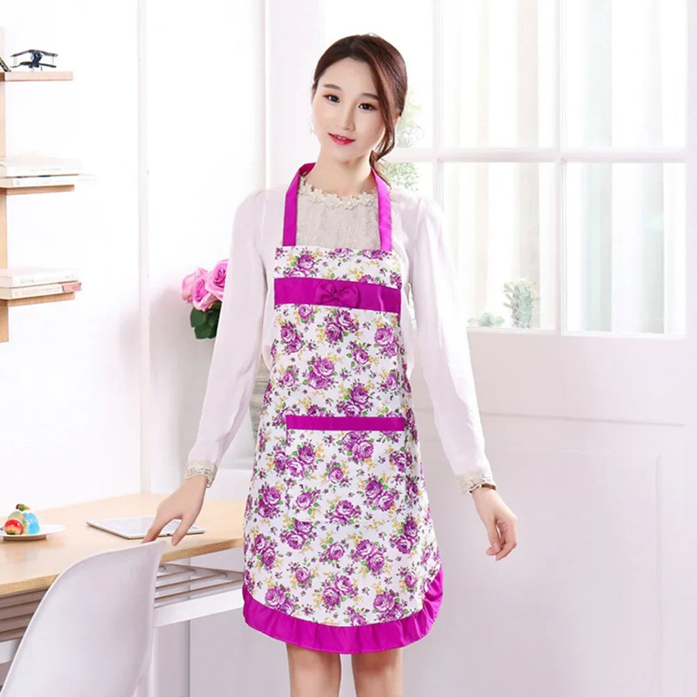 Oil-proof Cooking Apron for Women Adjustable Kitchen Cooking Coffee Shop Flower Printed Bowknot Cleaning Aprons with Pocket