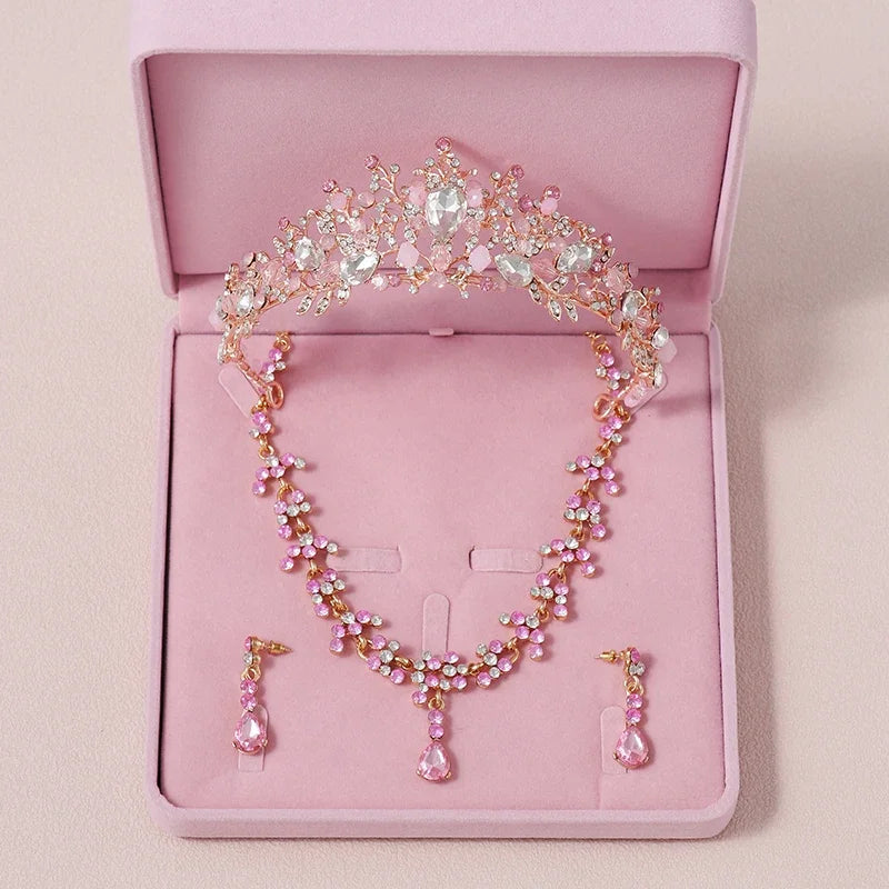 Bridal Jewelry Sets Crown Necklace Earrings Four Pack Silver Colour Women's Fashion Wedding Tiaras(excluding boxes)