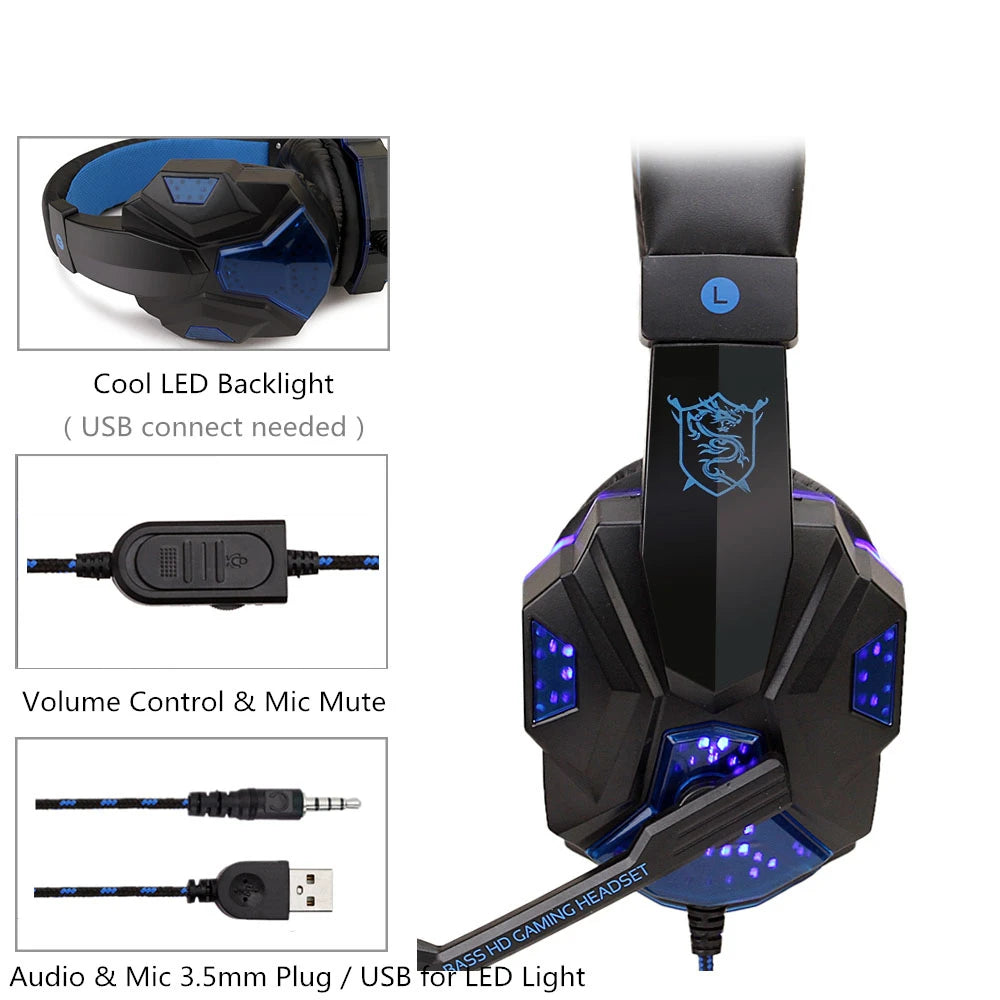 New Gaming Headset Headphones With LED Light Mic Stereo Earphones Deep Bass For PC Computer Gamer Laptop Auriculares For PS4 Xbo