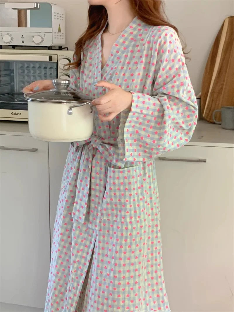 Bata de baño para mujer, estilo kimono largo y holgado, con cuello en V, cordones, pantalones a cuadros, bata de dormir sexy para mujer/niña.