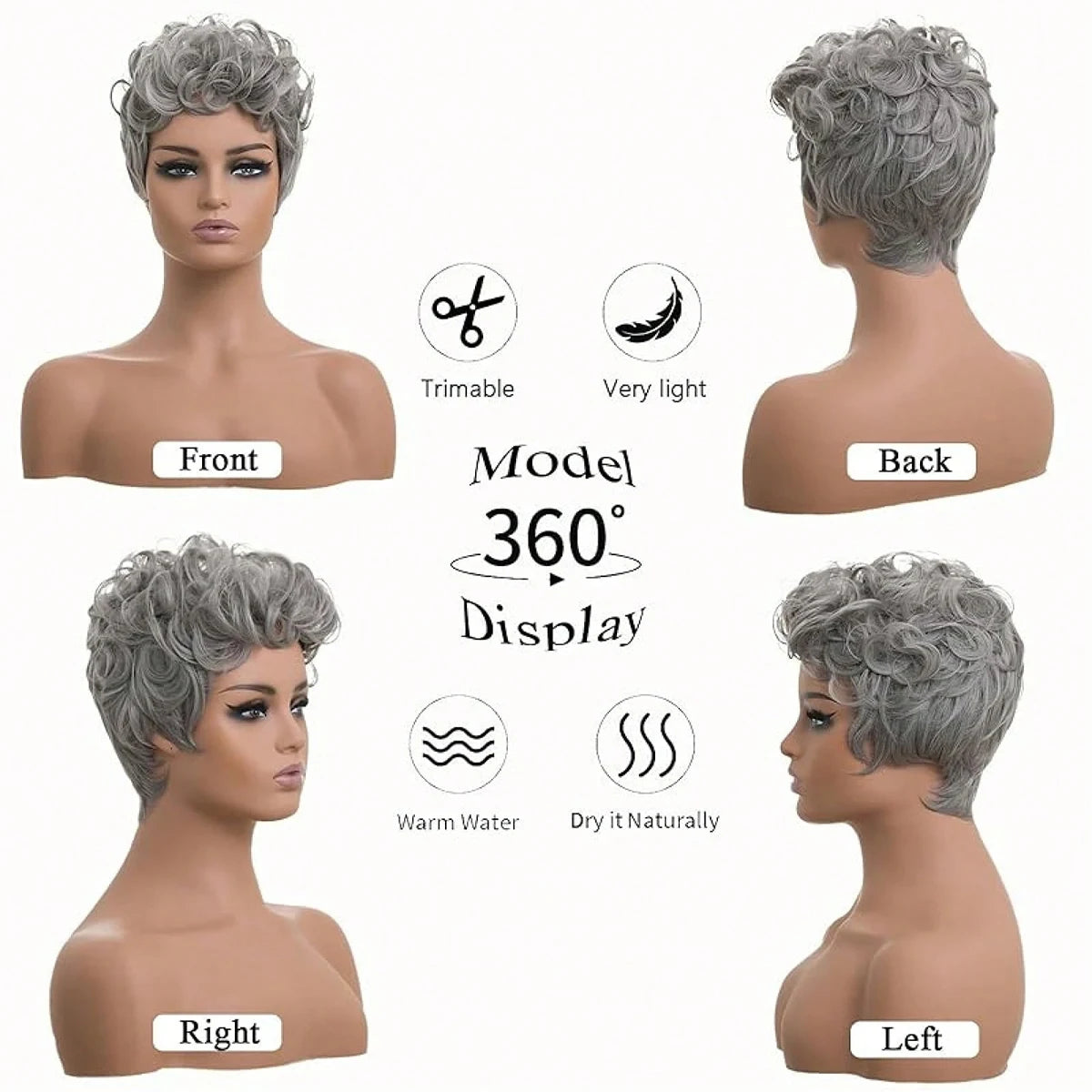 Pelucas Pixie Cortas, Pelucas Pixie Cortas Rizas Grises, Pelucas de Cabello Sintético, Peluca Pixie Corta Gris Ondulada Natural, Peluca Pixie Corta Rizada en Capas