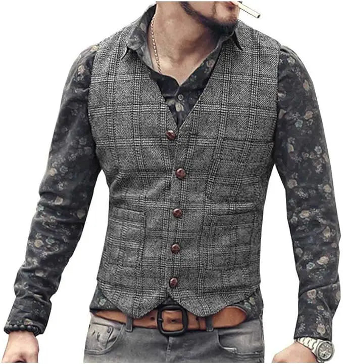 Mens Vintage Business Vest Plaid Classic Coat Tweed Slim Fit Formal Waistcoat for Wedding Groomsmen