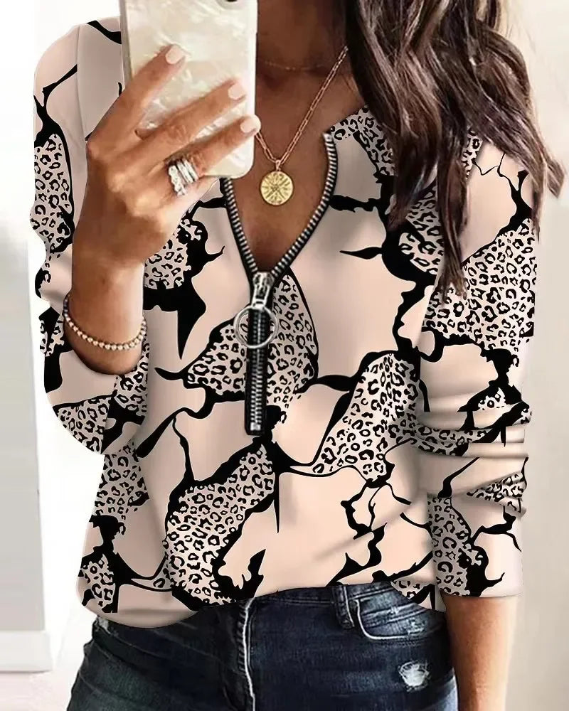 Women V Neck Fashion Casual Pullover Striped Print Zipper Front Long Sleeve Top Tops