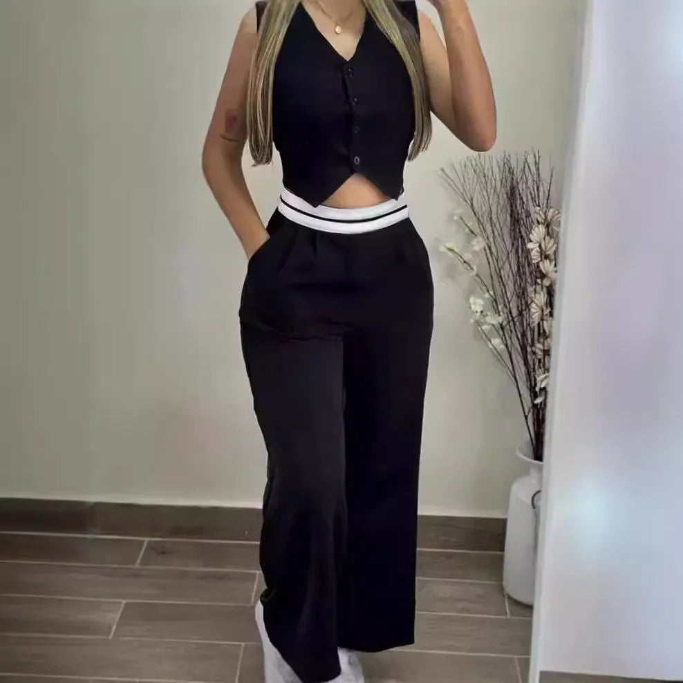 Elegant Two Piece Sets For Women  Summer Buttoned Vest Top & Pocket Decor High Waist Wide Straight Leg Pants Set Streetwear