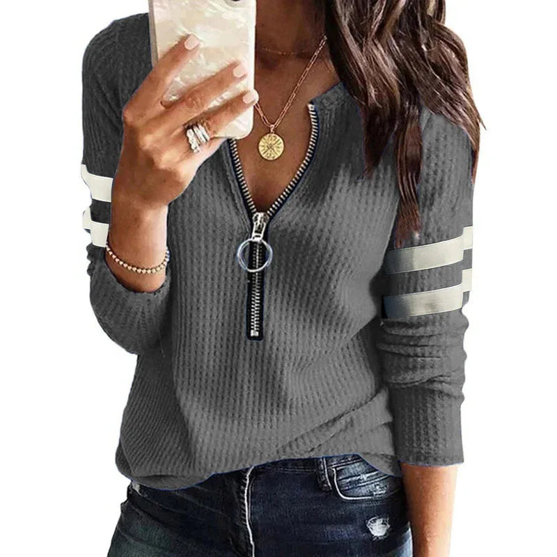 Women V Neck Fashion Casual Pullover Striped Print Zipper Front Long Sleeve Top Tops
