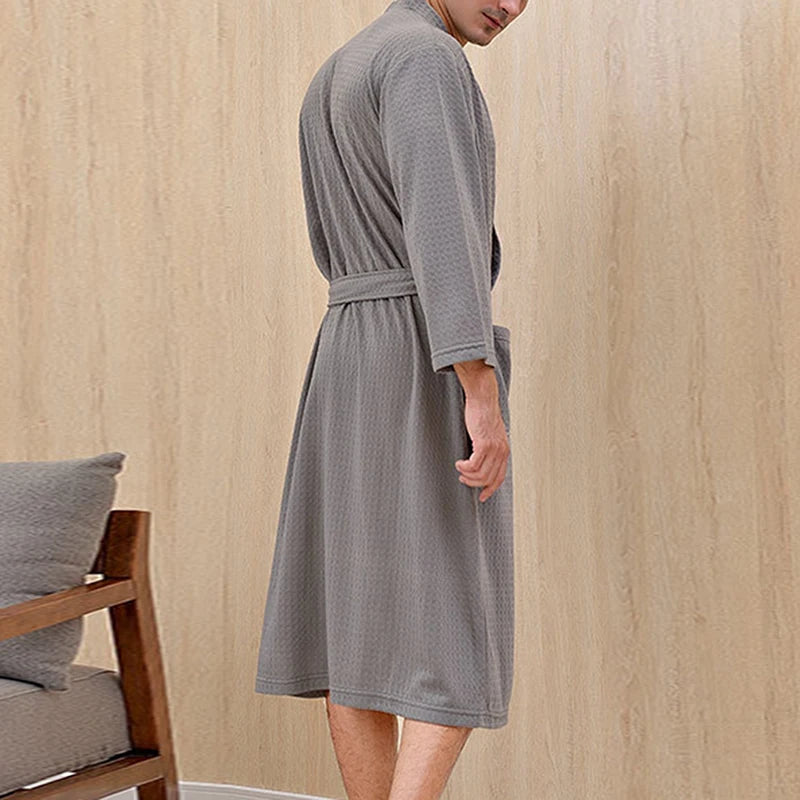 Bata de baño transparente de gofre para hombres y mujeres, bata delgada de verano, albornoz a cuadros, hasta la rodilla, transpirable, camisón, ropa para el hogar